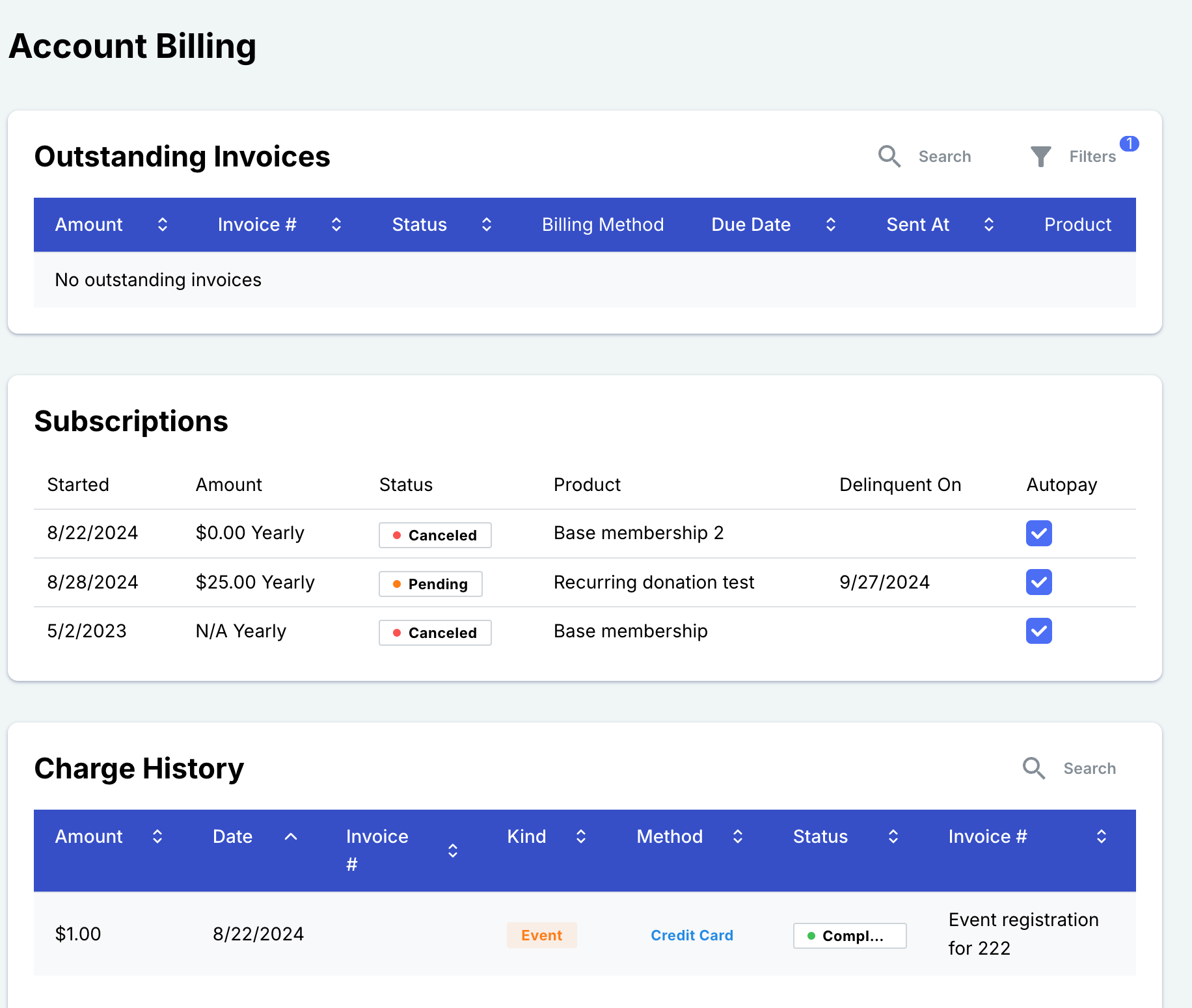 Account Billing Screen